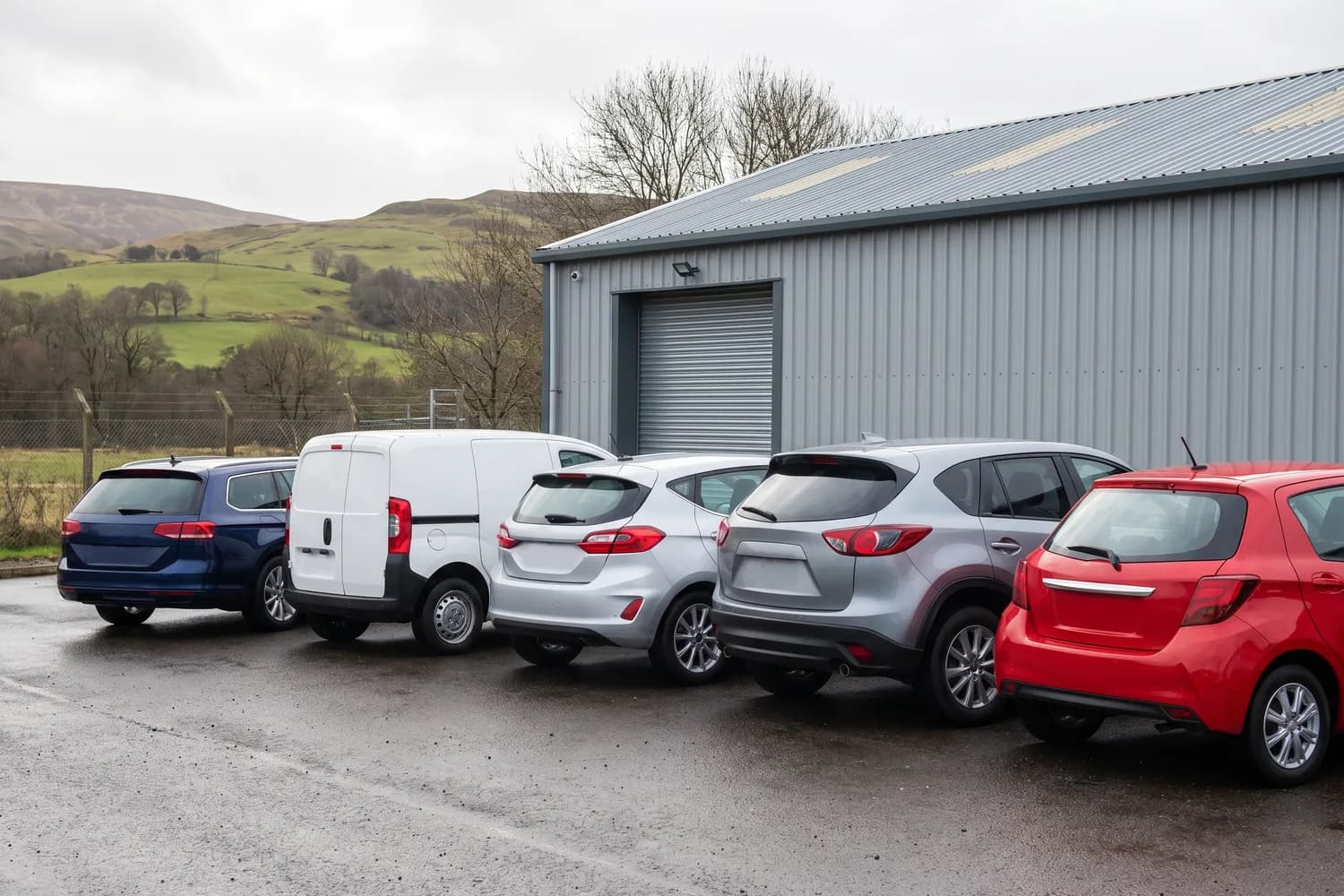 Several clean hire cars and a small van parked in a row on wet tarmac outside a modern grey industrial unit, with low Highland hills beyond