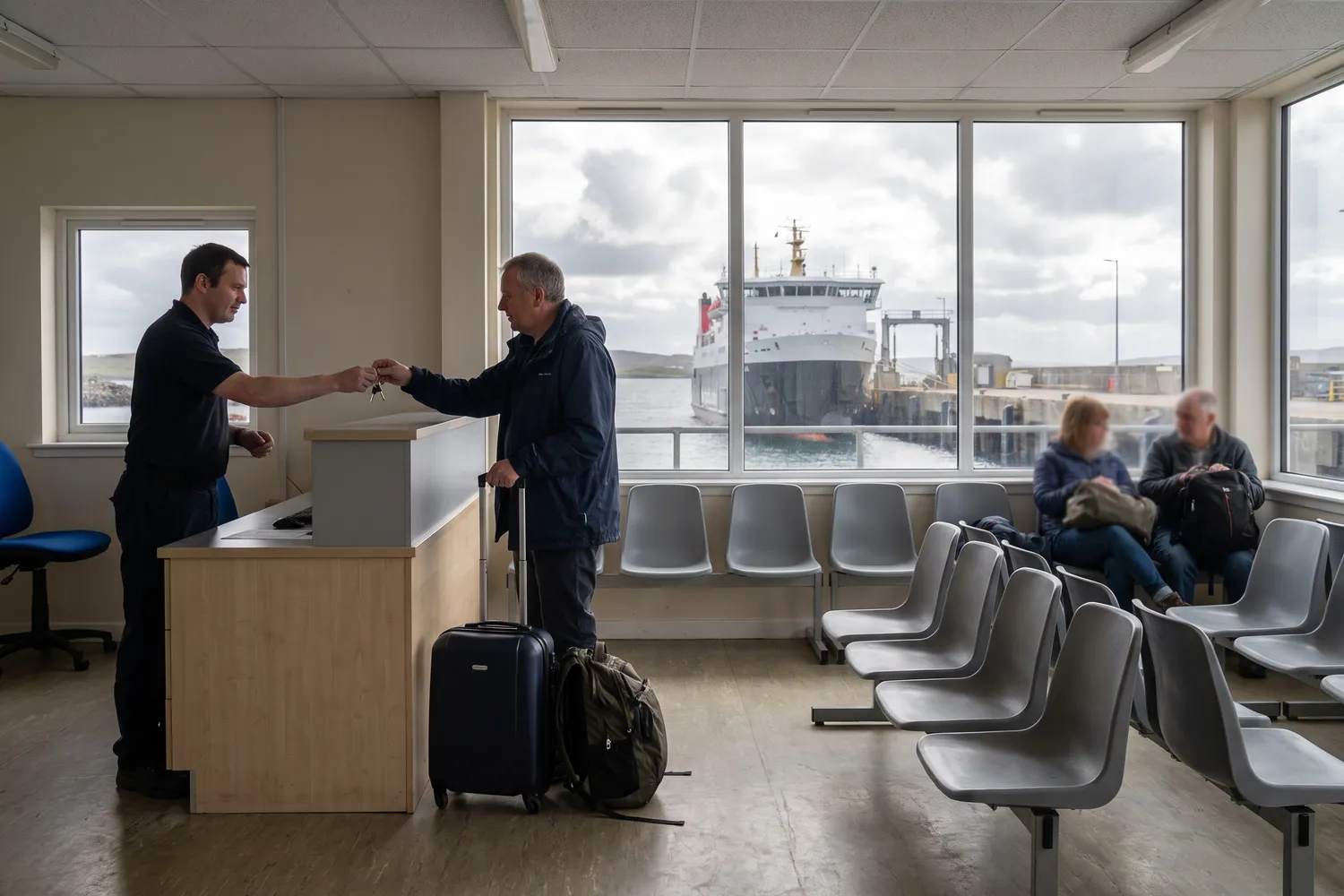 A traveller collecting keys at a small counter in a ferry terminal waiting area, with a ferry berthed at the quay through the window behind