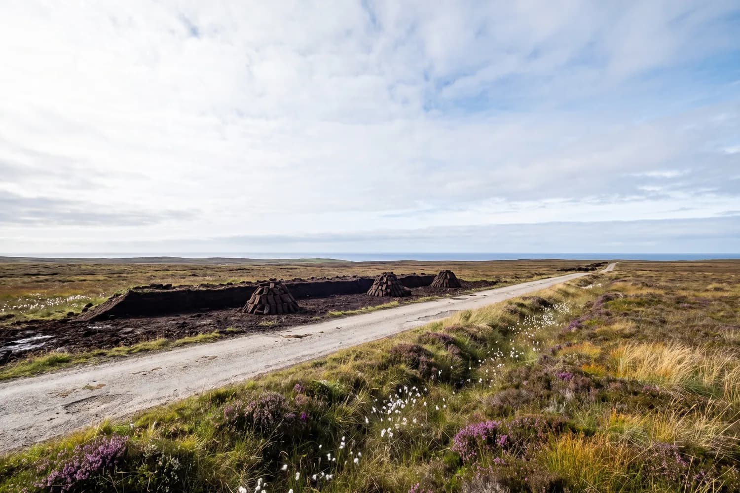 A road crossing flat peat moorland past cut peat banks towards a distant line of sea
